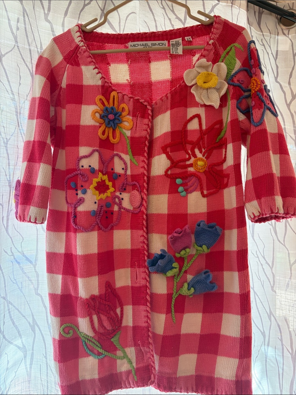 Michael Simon Pink & White Gingham Floral Appliqué Cardigan